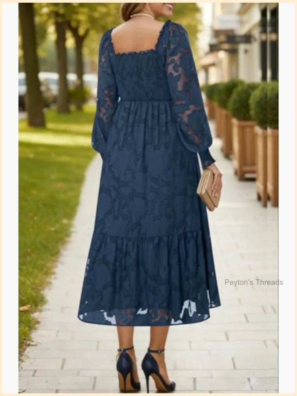 Plus Size Floral Lace A-Line Midi Dress Long Sleeve Fall Wedding Guest